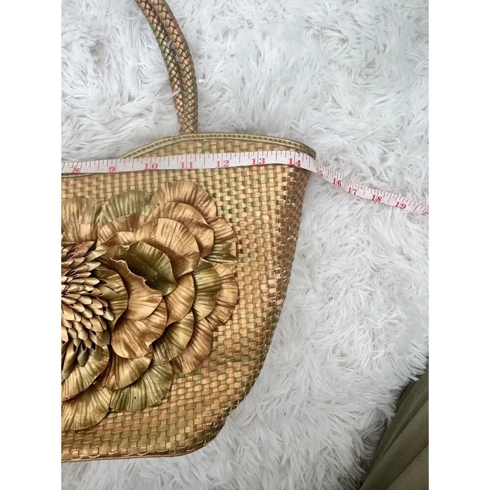 Cabouchon Woven Metallic Gold Leather Tote with Oversized Flower Applique